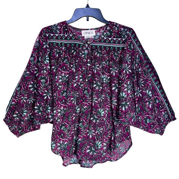 OMIKA Blouse M Floral Boho Dolman Sleeve Linen - Picture 2 of 13